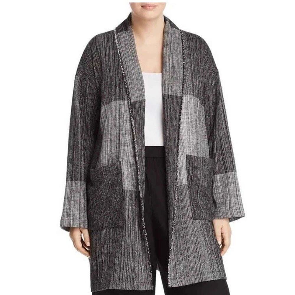 EILEEN FISHER $278 Color-Block Shawl Collar Open Jacket Black/Gray OS Lagenlook‎